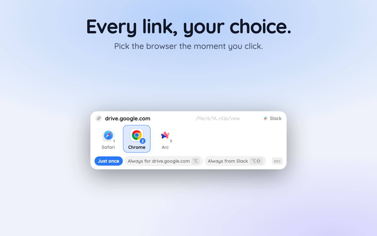 The Hoplink picker under the cursor, offering Safari, Chrome and Arc for a link shared in Slack